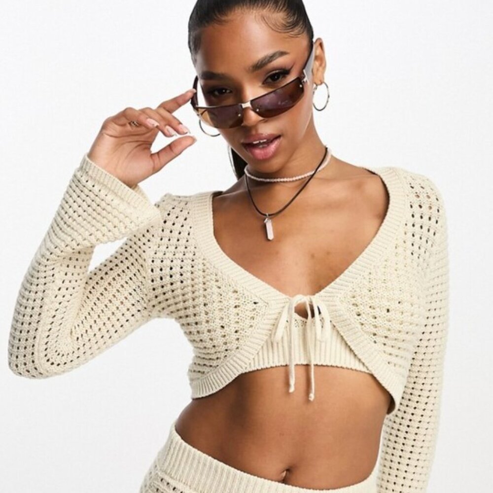 ASOS Knitted Crochet Crop Top Cardigan Nude Cream Festival Rave - US 6 / SMALL